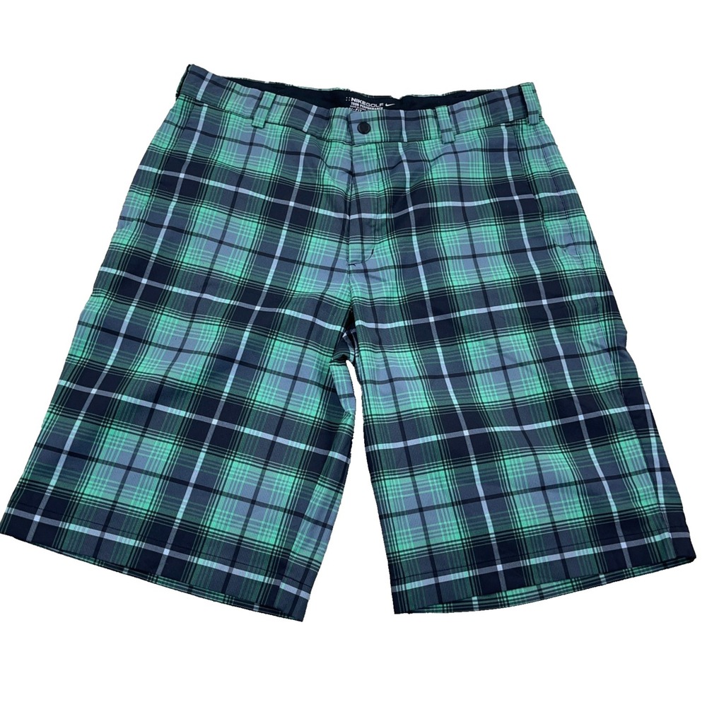 Nike Golf Shorts Men 34 Green Blue Plaid Chino Dri Fit Tour Performance Wicking
